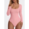image:imagePRETTYGARDEN Bodysuits for Women 2026 Fall Long Sleeve Body Suits Scoop Neck Ribbed Knit Fitted Basic Tops Soft Tee ShirtsPink