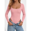 image:imagePRETTYGARDEN Bodysuits for Women 2026 Fall Long Sleeve Body Suits Scoop Neck Ribbed Knit Fitted Basic Tops Soft Tee ShirtsPink