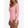 image:imagePRETTYGARDEN Bodysuits for Women 2026 Fall Long Sleeve Body Suits Scoop Neck Ribbed Knit Fitted Basic Tops Soft Tee ShirtsPink