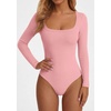 image:imagePRETTYGARDEN Bodysuits for Women 2026 Fall Long Sleeve Body Suits Scoop Neck Ribbed Knit Fitted Basic Tops Soft Tee ShirtsPink