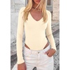 image:imagePRETTYGARDEN Bodysuits for Women 2026 Fall Long Sleeve Shirts V Neck Slim Fitted Basic Tees Going Out Tops Fashion ClothingBeige