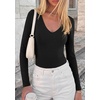 image:imagePRETTYGARDEN Bodysuits for Women 2026 Fall Long Sleeve Shirts V Neck Slim Fitted Basic Tees Going Out Tops Fashion ClothingBlack