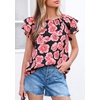 image:imagePRETTYGARDEN Boho Floral Tops for Women Summer Blouses Dressy Casual 2026 Spring Beach Vacation Ruffle Short Sleeve ShirtsBlack Pink Floral