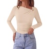 image:imagePRETTYGARDEN Long Sleeve Shirts for Women 2026 Ruched Knit Asymmetrical Tight Fitted Going Out Tops Y2k Fall ClothesBeige