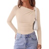image:imagePRETTYGARDEN Long Sleeve Shirts for Women 2026 Ruched Knit Asymmetrical Tight Fitted Going Out Tops Y2k Fall ClothesBeige