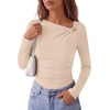 image:imagePRETTYGARDEN Long Sleeve Shirts for Women 2026 Ruched Knit Asymmetrical Tight Fitted Going Out Tops Y2k Fall ClothesBeige
