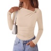 image:imagePRETTYGARDEN Long Sleeve Shirts for Women 2026 Ruched Knit Asymmetrical Tight Fitted Going Out Tops Y2k Fall ClothesBeige