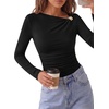image:imagePRETTYGARDEN Long Sleeve Shirts for Women 2026 Ruched Knit Asymmetrical Tight Fitted Going Out Tops Y2k Fall ClothesBlack
