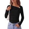 image:imagePRETTYGARDEN Long Sleeve Shirts for Women 2026 Ruched Knit Asymmetrical Tight Fitted Going Out Tops Y2k Fall ClothesBlack