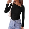 image:imagePRETTYGARDEN Long Sleeve Shirts for Women 2026 Ruched Knit Asymmetrical Tight Fitted Going Out Tops Y2k Fall ClothesBlack