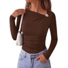 image:imagePRETTYGARDEN Long Sleeve Shirts for Women 2026 Ruched Knit Asymmetrical Tight Fitted Going Out Tops Y2k Fall ClothesDark Brown