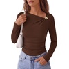 image:imagePRETTYGARDEN Long Sleeve Shirts for Women 2026 Ruched Knit Asymmetrical Tight Fitted Going Out Tops Y2k Fall ClothesDark Brown