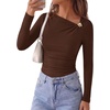 image:imagePRETTYGARDEN Long Sleeve Shirts for Women 2026 Ruched Knit Asymmetrical Tight Fitted Going Out Tops Y2k Fall ClothesDark Brown