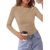 image:imagePRETTYGARDEN Long Sleeve Shirts for Women 2026 Ruched Knit Asymmetrical Tight Fitted Going Out Tops Y2k Fall ClothesKhaki