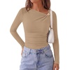 image:imagePRETTYGARDEN Long Sleeve Shirts for Women 2026 Ruched Knit Asymmetrical Tight Fitted Going Out Tops Y2k Fall ClothesKhaki