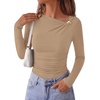 image:imagePRETTYGARDEN Long Sleeve Shirts for Women 2026 Ruched Knit Asymmetrical Tight Fitted Going Out Tops Y2k Fall ClothesKhaki