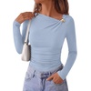 image:imagePRETTYGARDEN Long Sleeve Shirts for Women 2026 Ruched Knit Asymmetrical Tight Fitted Going Out Tops Y2k Fall ClothesLight Blue