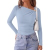 image:imagePRETTYGARDEN Long Sleeve Shirts for Women 2026 Ruched Knit Asymmetrical Tight Fitted Going Out Tops Y2k Fall ClothesLight Blue