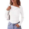 image:imagePRETTYGARDEN Long Sleeve Shirts for Women 2026 Ruched Knit Asymmetrical Tight Fitted Going Out Tops Y2k Fall ClothesWhite