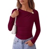 image:imagePRETTYGARDEN Long Sleeve Shirts for Women 2026 Ruched Knit Asymmetrical Tight Fitted Going Out Tops Y2k Fall ClothesWine Red