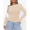 image:imagePRETTYGARDEN Off The Shoulder Tops for Women Going Out Long Sleeve Shirts 2026 Fall Casual Fitted Ribbed Ruched Y2K ClothesBeige
