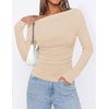 image:imagePRETTYGARDEN Off The Shoulder Tops for Women Going Out Long Sleeve Shirts 2026 Fall Casual Fitted Ribbed Ruched Y2K ClothesBeige