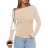 image:imagePRETTYGARDEN Off The Shoulder Tops for Women Going Out Long Sleeve Shirts 2026 Fall Casual Fitted Ribbed Ruched Y2K ClothesBeige