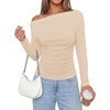 image:imagePRETTYGARDEN Off The Shoulder Tops for Women Going Out Long Sleeve Shirts 2026 Fall Casual Fitted Ribbed Ruched Y2K ClothesBeige