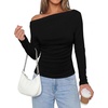 image:imagePRETTYGARDEN Off The Shoulder Tops for Women Going Out Long Sleeve Shirts 2026 Fall Casual Fitted Ribbed Ruched Y2K ClothesBlack