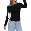 image:imagePRETTYGARDEN Off The Shoulder Tops for Women Going Out Long Sleeve Shirts 2026 Fall Casual Fitted Ribbed Ruched Y2K ClothesBlack