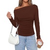image:imagePRETTYGARDEN Off The Shoulder Tops for Women Going Out Long Sleeve Shirts 2026 Fall Casual Fitted Ribbed Ruched Y2K ClothesBrown