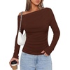 image:imagePRETTYGARDEN Off The Shoulder Tops for Women Going Out Long Sleeve Shirts 2026 Fall Casual Fitted Ribbed Ruched Y2K ClothesBrown