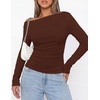 image:imagePRETTYGARDEN Off The Shoulder Tops for Women Going Out Long Sleeve Shirts 2026 Fall Casual Fitted Ribbed Ruched Y2K ClothesBrown