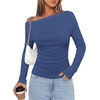 image:imagePRETTYGARDEN Off The Shoulder Tops for Women Going Out Long Sleeve Shirts 2026 Fall Casual Fitted Ribbed Ruched Y2K ClothesGrey Blue