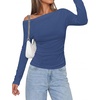 image:imagePRETTYGARDEN Off The Shoulder Tops for Women Going Out Long Sleeve Shirts 2026 Fall Casual Fitted Ribbed Ruched Y2K ClothesGrey Blue