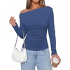 image:imagePRETTYGARDEN Off The Shoulder Tops for Women Going Out Long Sleeve Shirts 2026 Fall Casual Fitted Ribbed Ruched Y2K ClothesGrey Blue