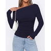 image:imagePRETTYGARDEN Off The Shoulder Tops for Women Going Out Long Sleeve Shirts 2026 Fall Casual Fitted Ribbed Ruched Y2K ClothesNavy