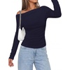 image:imagePRETTYGARDEN Off The Shoulder Tops for Women Going Out Long Sleeve Shirts 2026 Fall Casual Fitted Ribbed Ruched Y2K ClothesNavy