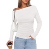 image:imagePRETTYGARDEN Off The Shoulder Tops for Women Going Out Long Sleeve Shirts 2026 Fall Casual Fitted Ribbed Ruched Y2K ClothesWhite