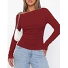 image:imagePRETTYGARDEN Off The Shoulder Tops for Women Going Out Long Sleeve Shirts 2026 Fall Casual Fitted Ribbed Ruched Y2K ClothesWine Red