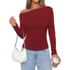 image:imagePRETTYGARDEN Off The Shoulder Tops for Women Going Out Long Sleeve Shirts 2026 Fall Casual Fitted Ribbed Ruched Y2K ClothesWine Red