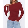 image:imagePRETTYGARDEN Off The Shoulder Tops for Women Going Out Long Sleeve Shirts 2026 Fall Casual Fitted Ribbed Ruched Y2K ClothesWine Red