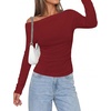 image:imagePRETTYGARDEN Off The Shoulder Tops for Women Going Out Long Sleeve Shirts 2026 Fall Casual Fitted Ribbed Ruched Y2K ClothesWine Red