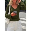 image:imagePRETTYGARDEN Women 2026 Fall Long Bell Sleeve Shirts Ribbed V Neck Fitted Ruched Trendy Y2K Going Out Tee Tops Summer ClothesArmy Green