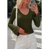image:imagePRETTYGARDEN Women 2026 Fall Long Bell Sleeve Shirts Ribbed V Neck Fitted Ruched Trendy Y2K Going Out Tee Tops Summer ClothesArmy Green