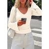 image:imagePRETTYGARDEN Women 2026 Fall Long Bell Sleeve Shirts Ribbed V Neck Fitted Ruched Trendy Y2K Going Out Tee Tops Summer ClothesBeige