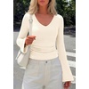 image:imagePRETTYGARDEN Women 2026 Fall Long Bell Sleeve Shirts Ribbed V Neck Fitted Ruched Trendy Y2K Going Out Tee Tops Summer ClothesBeige