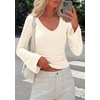 image:imagePRETTYGARDEN Women 2026 Fall Long Bell Sleeve Shirts Ribbed V Neck Fitted Ruched Trendy Y2K Going Out Tee Tops Summer ClothesBeige