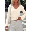 image:imagePRETTYGARDEN Women 2026 Fall Long Bell Sleeve Shirts Ribbed V Neck Fitted Ruched Trendy Y2K Going Out Tee Tops Summer ClothesBeige