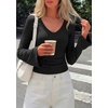 image:imagePRETTYGARDEN Women 2026 Fall Long Bell Sleeve Shirts Ribbed V Neck Fitted Ruched Trendy Y2K Going Out Tee Tops Summer ClothesBlack